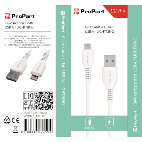 Propart  ProPart Cavo Lightning Apple 5V 2.4A 1.5mt Carica e dati Bianco