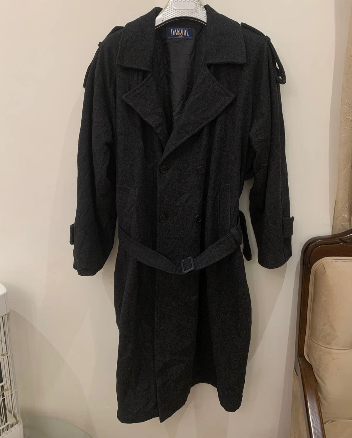 Vintage Danpol wool blend charcoal belted double breasted over coat 50R 2XL