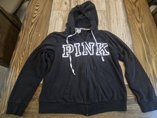 Victoria Secret PINK Hoodie Womens Large Black Full Zip Sweatshirt White Logo