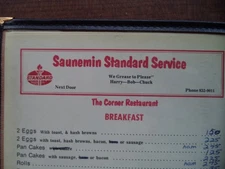 60's Saunemin Illinois Standard Oil Gas Station Truck Stop Diner menu ~ Route 66