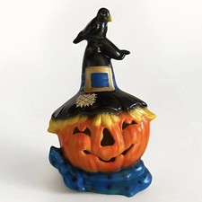 Vintage Lighted Halloween Ceramic Jack O Lantern Scarecrow Pumpkin Black Crow
