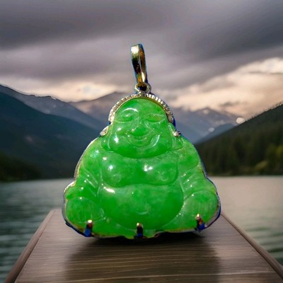 EARTH MINED Green JADE Laughing Budai Pu Tai Vintage Pendant 18K GOLD Good Luck