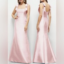 NWOT ALFRED SUNG ballet pink Bow Strap Satin Twill Trumpet Gown Sz 10