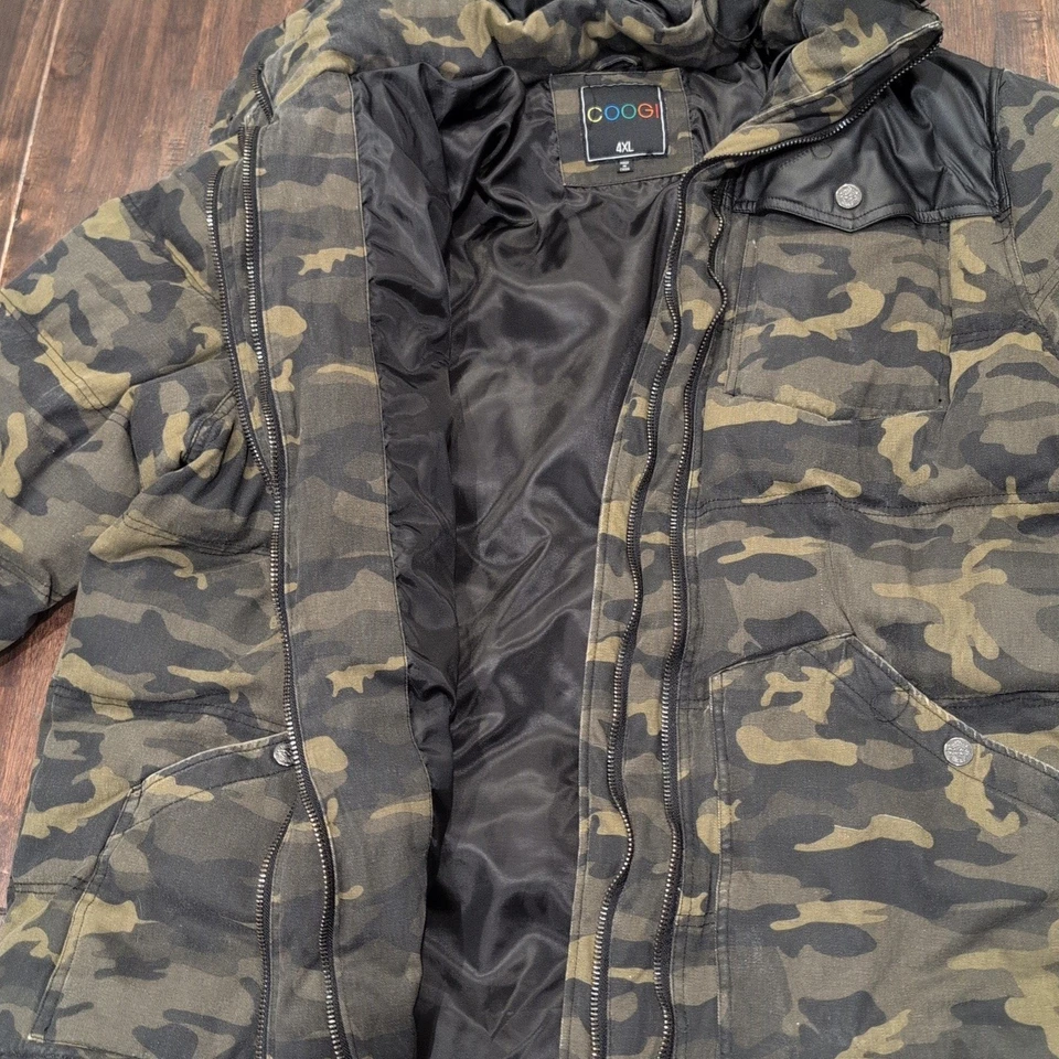 Coogi Camouflage Puffer Hooded Jacket Mens 4XL Green Camo Faux Leather Hooded - Image 4 of 4