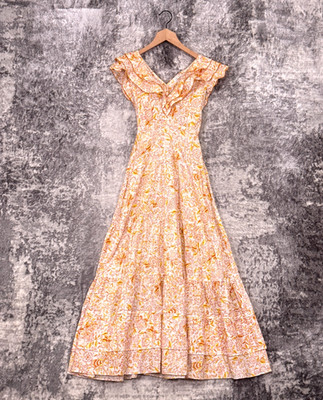 Poupette St Barth Della Maxi Dress XS Womens Sunset Yellow Floral Tiered Cotton