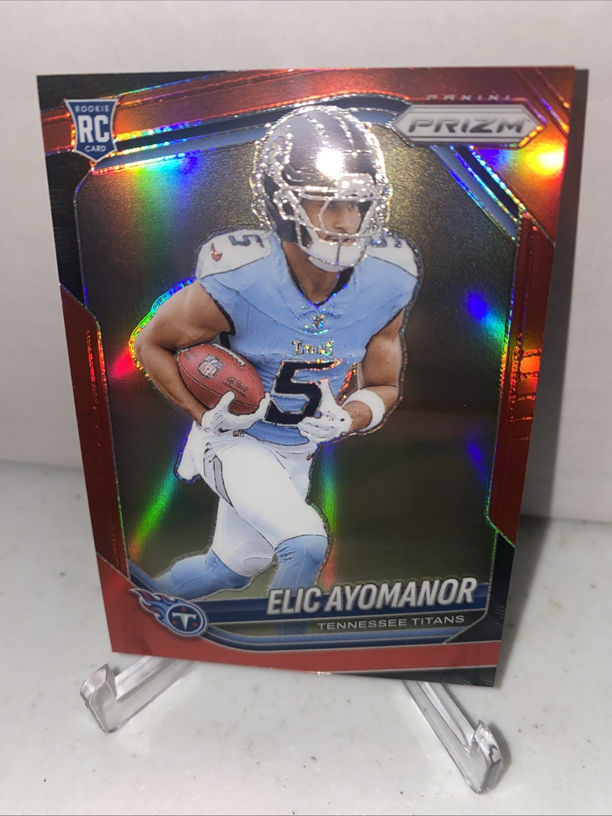 Elic Ayomanor 2025 Panini Prizm Red Prizm SSP Card #321 RC Titans