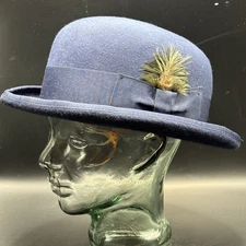Hats In The Belfry Tammany Bowler Derby 100% Wool Hat Blue XL Band Feather