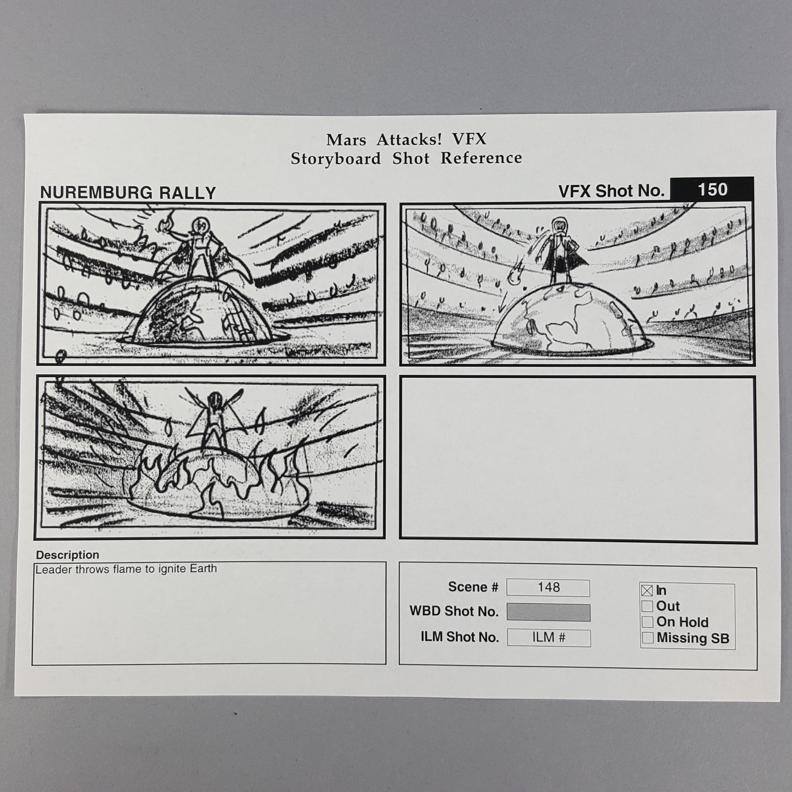 Mars Attacks! VFX Storyboard Martian Leader Sets Earth on Fire Movie Prop COA