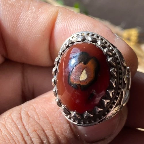 vintage 925 Silver Men's Ring natural yemeni  agate aqeeq eye sulaimani stone