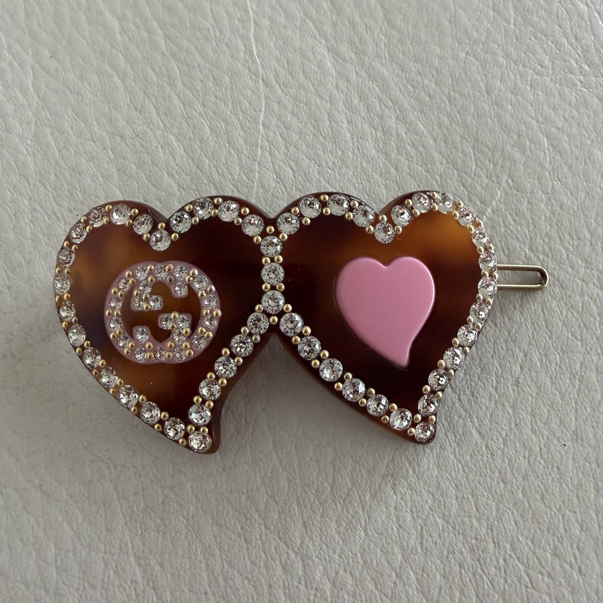NEW GUCCI Interlocking G Hearts Hair Clip $500 Brown Crystal | eBay