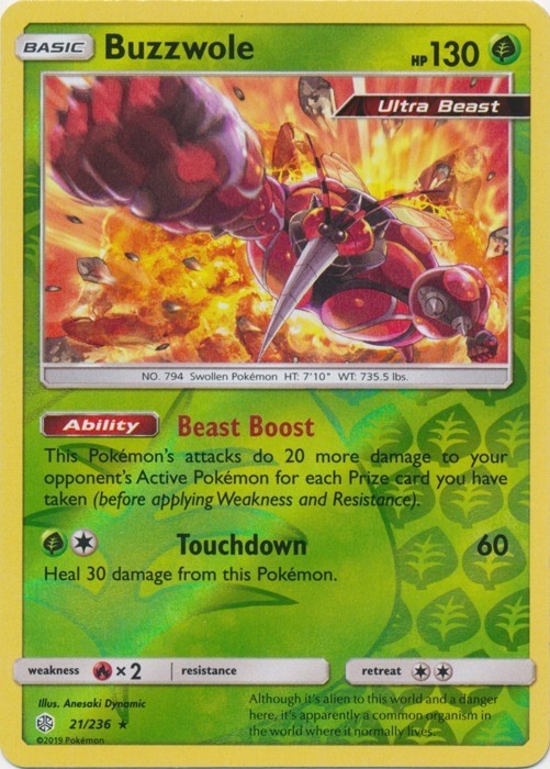 Buzzwole - 21/236 - Reverse Holo Rare - Cosmic Eclipse - NM/M