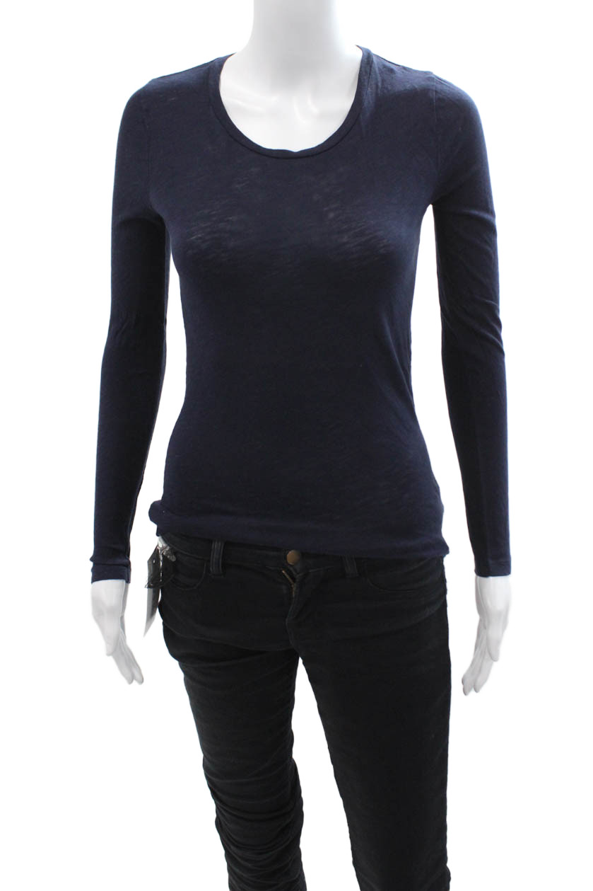 J Crew Women Dark Blue Cotton Basic Long Sleeve Round Neck T-Shirt Size 2XSFree Shipping in US $100+ Orders | $6.95 Orders Below