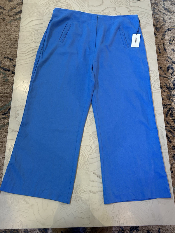 Jason Wu Linen Blend Blue Wide Leg Pants  w/ Braided Trim Nautical Coastal Sz 12