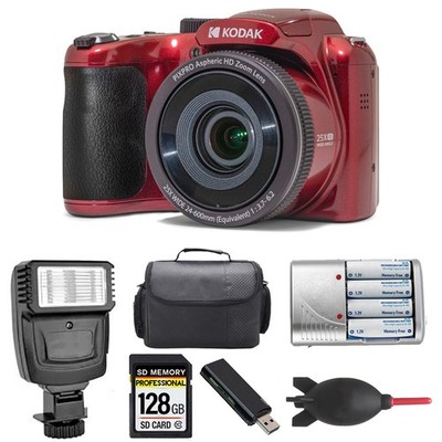 Kodak PIXPRO AZ255 Digital Camera (Red) + Extra Battery + Flash - 128GB Kit