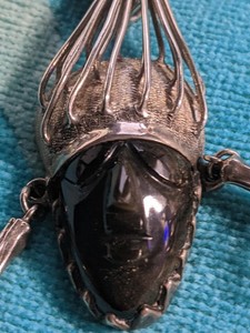 4" AZTEC TAXCO 925 STERLING SILVER & OBSIDIAN 43.09G "AZTEC CARVED MASK" PENDANT