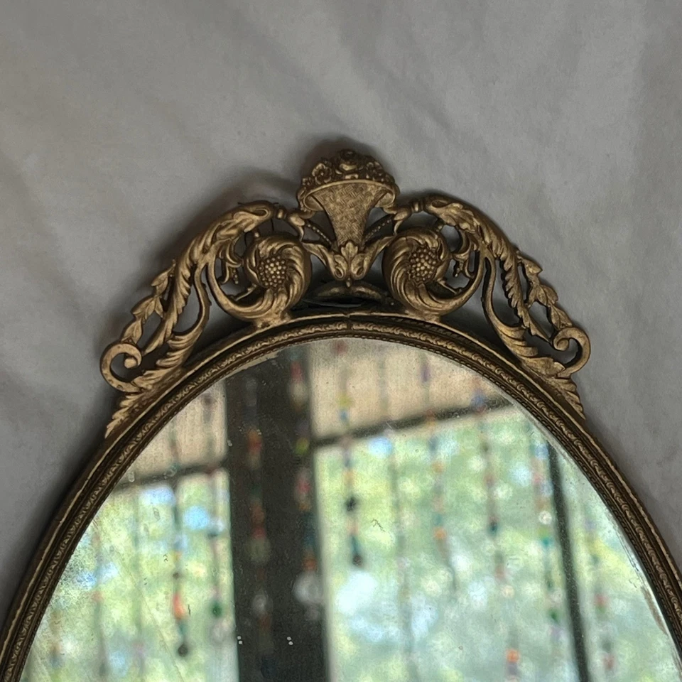 Espejo ovalado ornamentado vintage tono dorado marco decorativo Shabby Chic decoración de pared Foto 3 de 4
