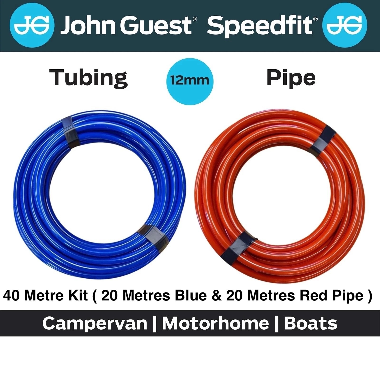 John Guest 20m RED & 20m BLUE 12mm Campervan Camper Motorhome Water Pipe 40m Kit