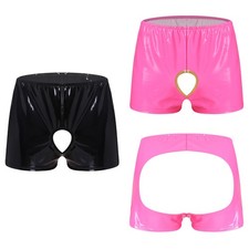 Men  s Wet Look Glossy Boxer Shorts Hollow-out Open Crotch Underwear Clubwear