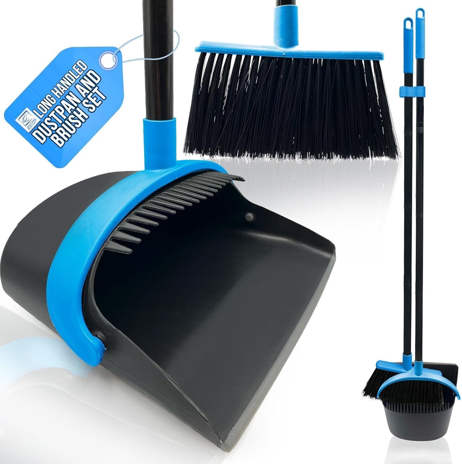 Long Handle Dustpan and Brush Set Upright Floor Cleaning - Blue