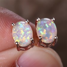 Minimalist Oval Fire Opal Stud Earrings,silver and Rose Gold Plated Stud Earring