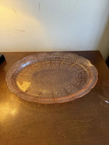 Vintage Pink Depression Glass Oval Serving Platter Cherry Blossom 13 By 9 3/4