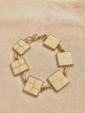 Vintage Cream Enamel Squares Gold tone Hinged Bracelet 