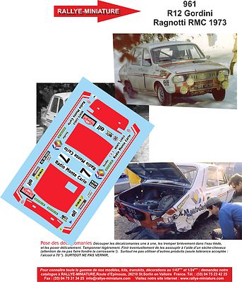 DECALS 1/32 REF 0961 RENAULT 12 RAGNOTTI RALLYE MONTE CARLO 1973 WRC RALLY