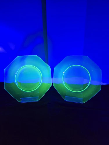 Antique Uranium Depression Glass Octogon Shaped 8" Dinner Plates Green Glass