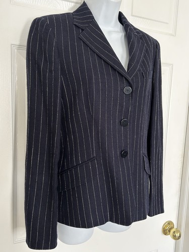 Vintage Lauren Ralph Lauren Navy & White Pin Stripe Linen Blazer Jacket Size 4 - Picture 2 of 7