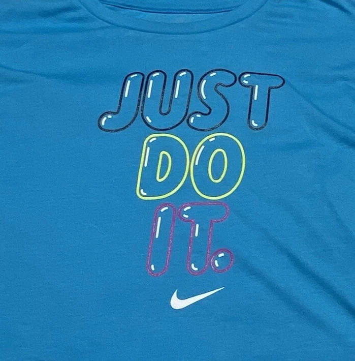 NIKE JUST DO IT Girls Size 5 Athletic Cut T-Shirt Tee Blue Fury Pink Yellow - Image 2 of 4