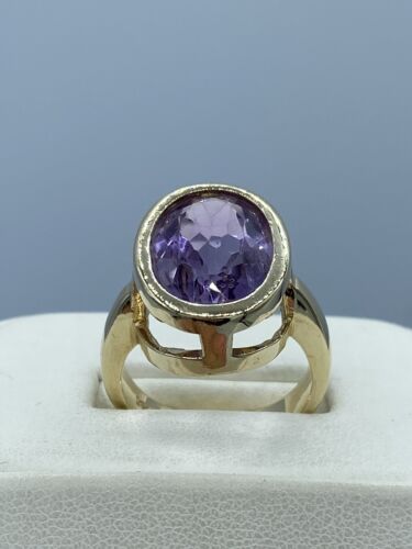 VTG MODERNIST 14K Yellow Gold Oval Amethyst Ring 9