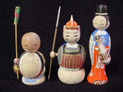 RARE 7 Lucky Gods Nodder Kokeshi Doll Set Fine Detail Old Stock