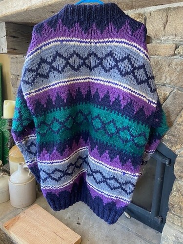Vintage HandKnit Wool Ecuador Chunky Sweater 90s Outdoor colorfulPurple Sz.2XL - Picture 4 of 6