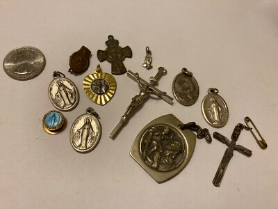 VTG ANTIQUE CATHOLIC MEDALS RELIGIOUS PINS CROSS ST JOSEPH ITALY