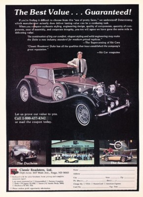 1985 1986 1987 Classic Roadsters Duke Kit Advertisement Print Art Car Ad K63