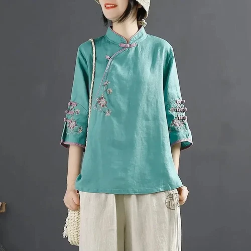 Blusa Camisa Mujer China Bordada Floral Cuello Mandarín Retro Top Étnico - Imagen 9 de 19