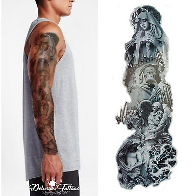 Realistic Temporary Tattoo Sleeve Stairway Heaven Angel Skull Mens Womens Ebay