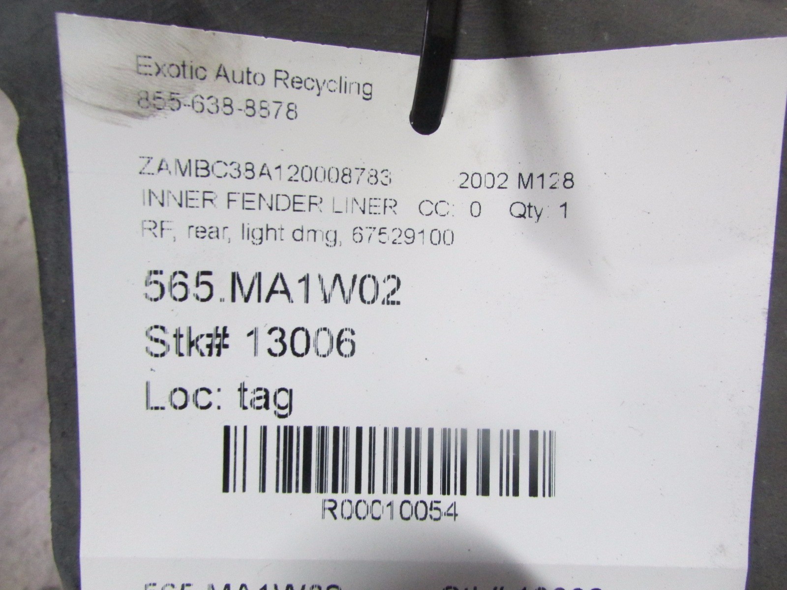 Maserati Gransport, RH Front Rear Inner Fender Liner, Used, P/N 67529100