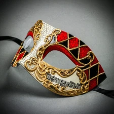 Venetian Men Masquerade Ball Outfit Party Eye Mask w/ Gold RED Musical Motifs