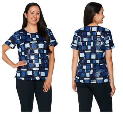 C. WONDER BLUE CHIC BOHO SEQUIN  PLAID  EVENING  PARTY TOP QVC Sz  XS  NEW $ 49