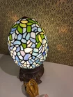 Vntg Tiffany Blue Floral Stained Glass Wisteria Egg Accent Table Lamp Light 12"