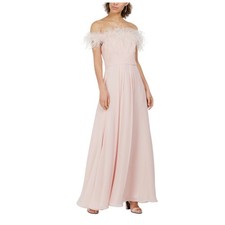 Eliza J Pink Evening Gown Chiffon Off the Shoulder Feather A-Line Dress Size 10