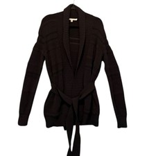 Veronica Beard Cotton Silk Blend Ribbed Belted Shawl Collar Cardigan Black Sz M