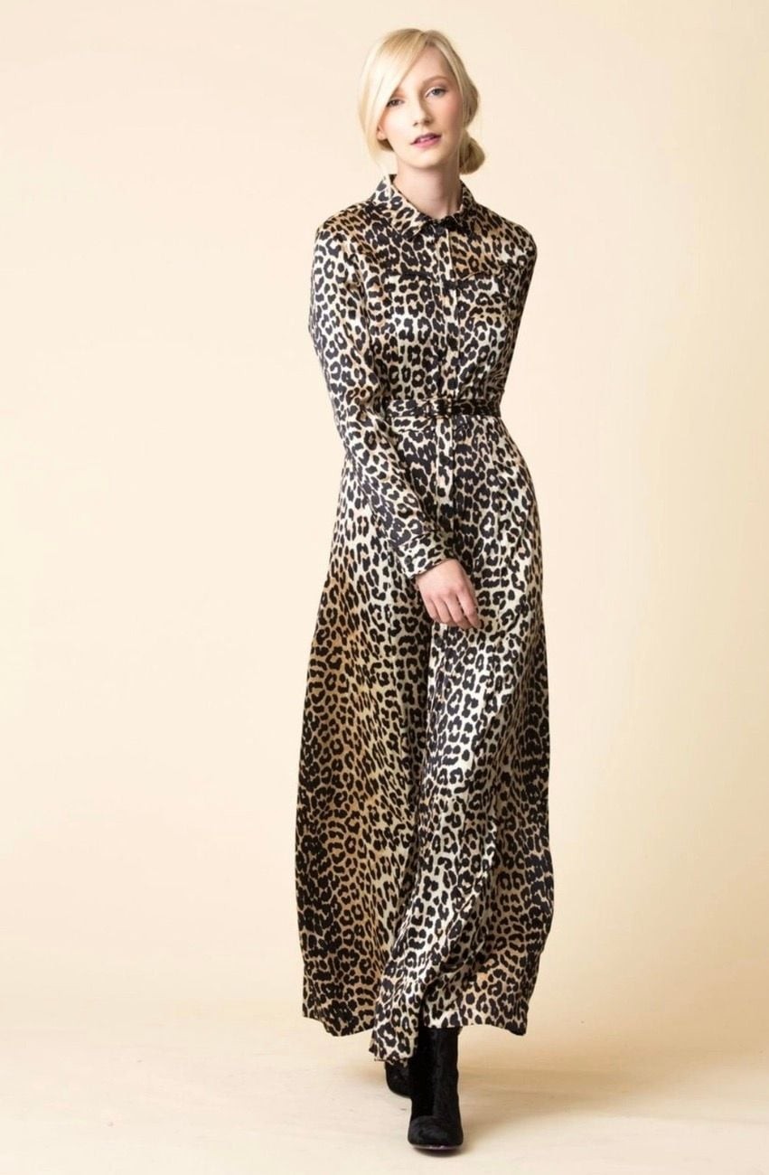 Ganni Leopard Print Silk Blend Long Sleeve Maxi Shirt Dress
