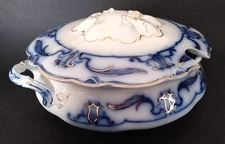 Antique WH GRINDLEY Flow Blue/Gold LOTUS 8" Round Vegetable Serving Dish Tureen