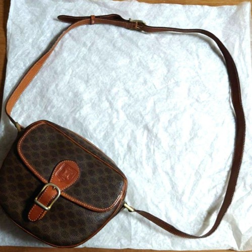 CELINE Brown Leather Shoulder Bag Macadam Pattern Buckle Classic