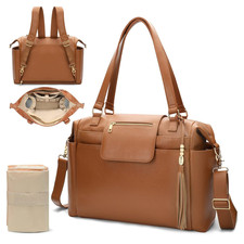 Stylish Brown Leather Diaper Bag Backpack with 14 Organizing Pouches