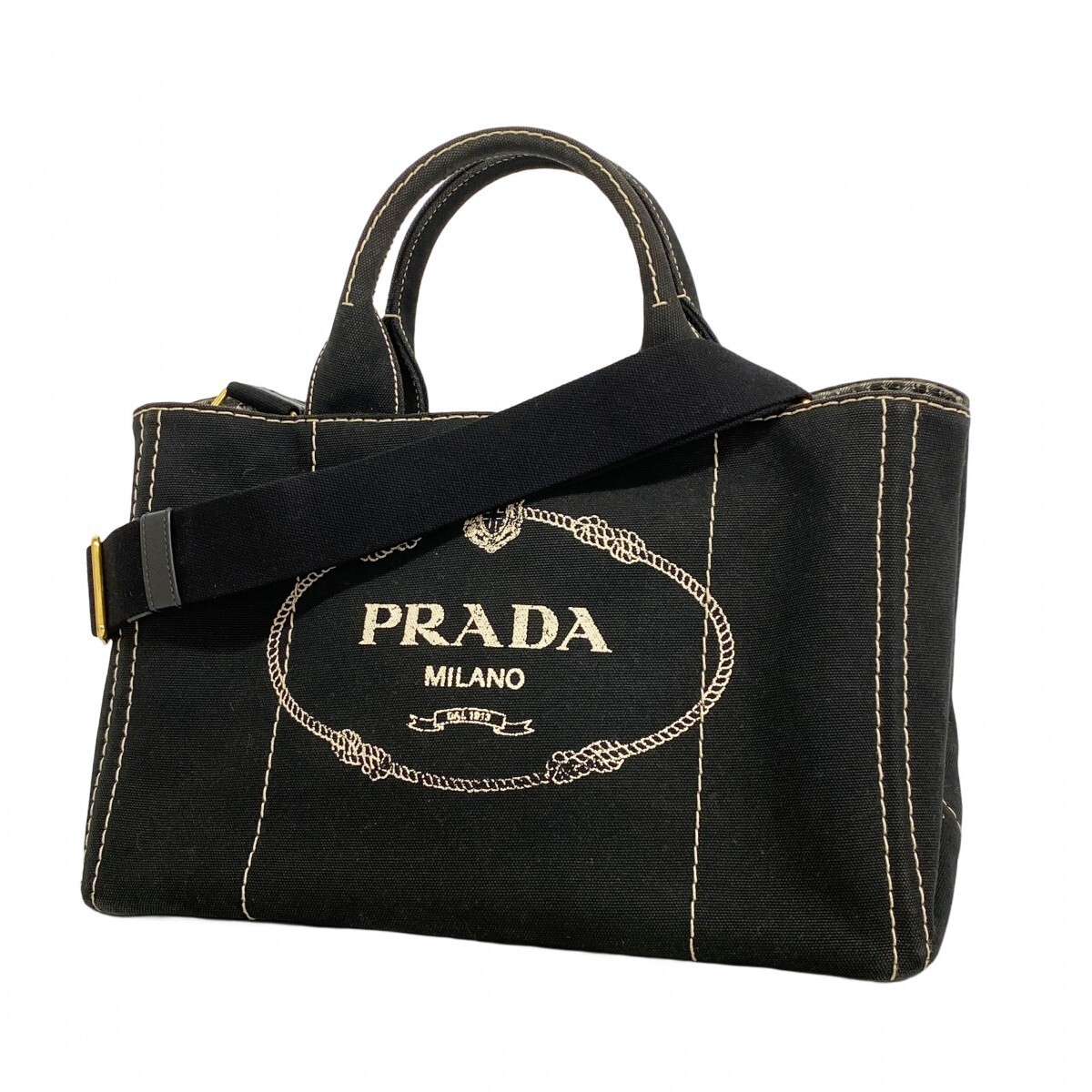 Prada Tote Bag Canapa Canvas Black Gold Hardware 2way Bag Used Ladies from japan