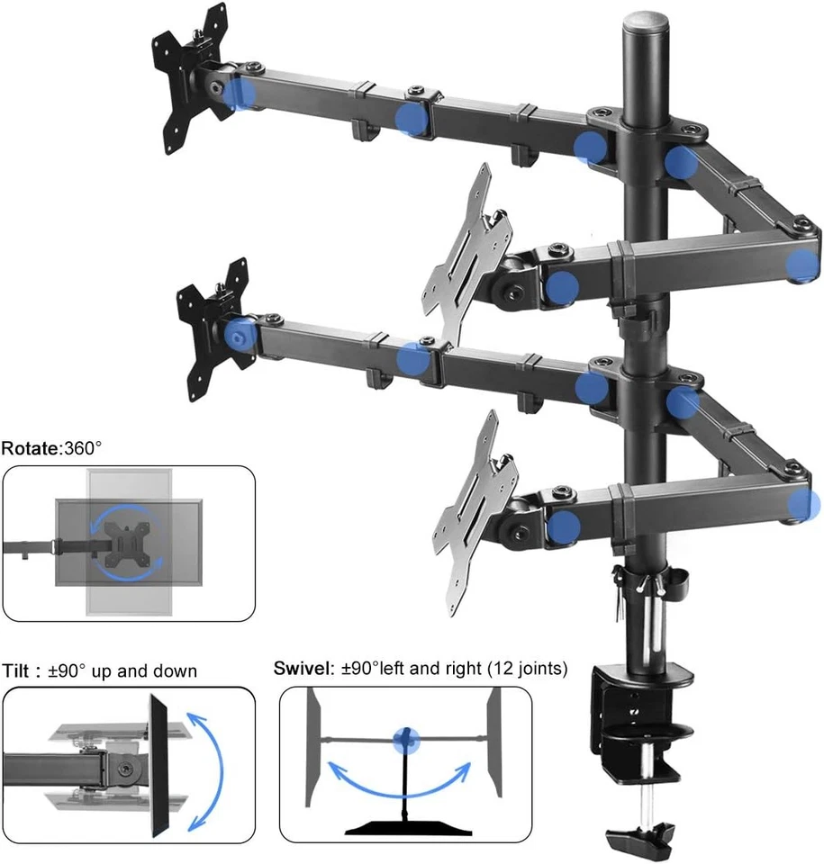 Quad Monitor Arm Desk Mount for 13-27 Inch Screens Clamp Tilt Swivel 80cm Pole - Image 3 of 4