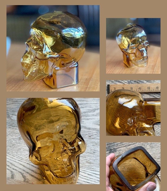 AWESOME Light GOLDEN AMBER Glass SKULL 6" DEATHS HEAD Crystal CLEAR Square Base